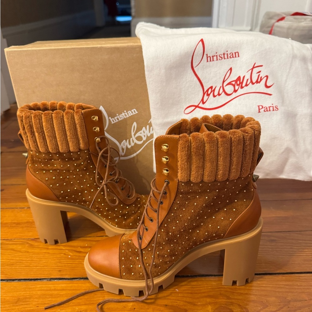 Authentic Christian Louboutin DAKITA LUG 70 Studded Spike Suede Heel Booties